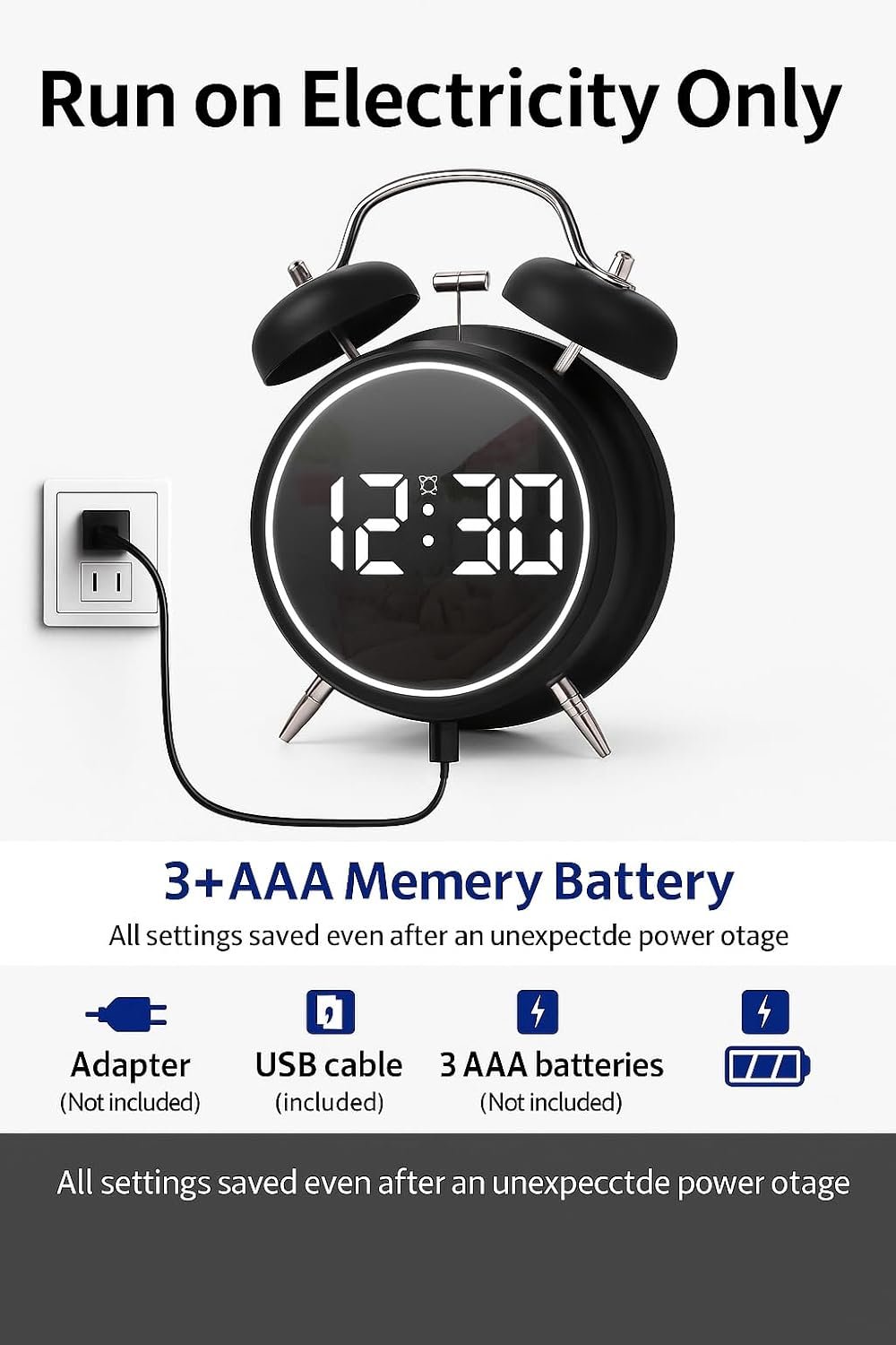 4.5-Inch Digital Alarm Clock, Table Clock Double Bell LED Silent Metal Clock with Night Light, Loud